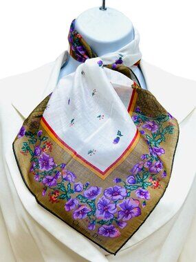 New Christian Dior Neck-Kerchief 19" Cotton, white olive purple green floral (82